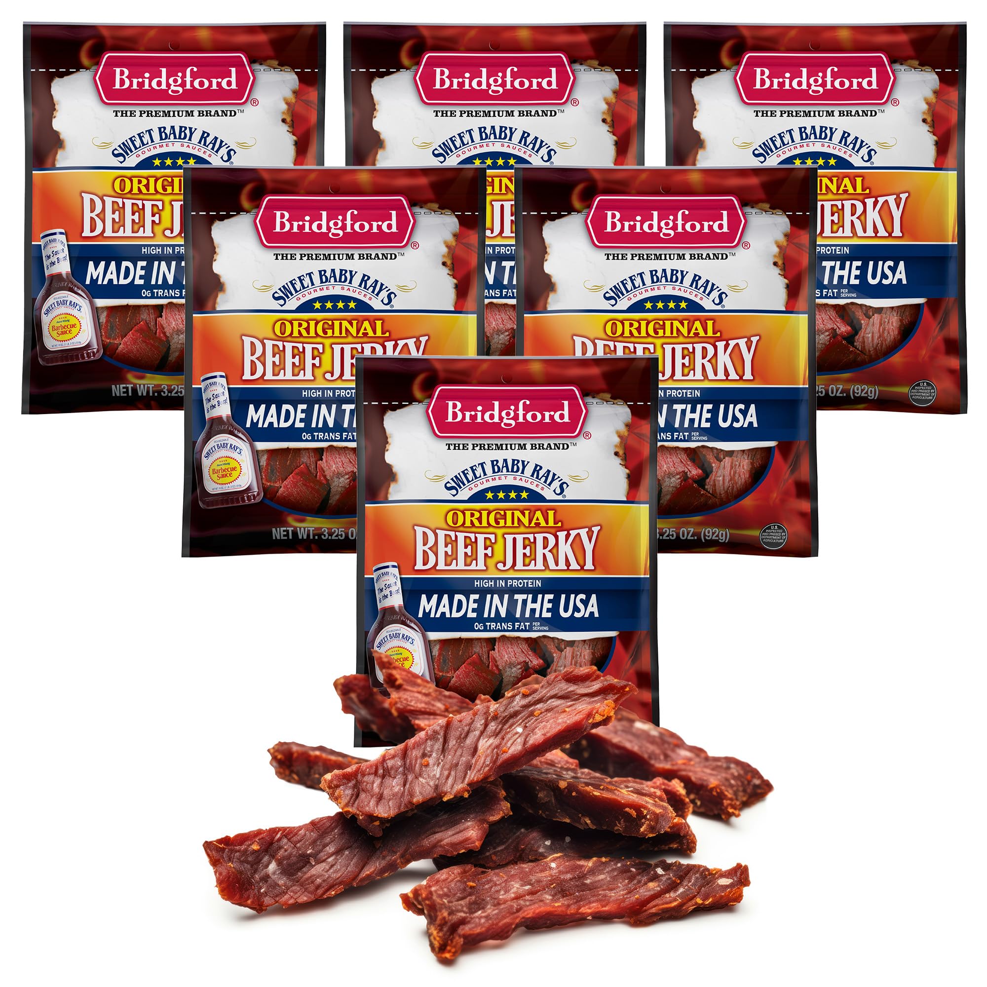 Product image of Bridgford Sweet Baby Ray's Beef Jerky Original High Protein Ready-to-Eat Snack 3.25 oz 3.25 oz Pack of 6